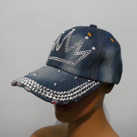 Frayed denim cap with crown tiara of sparkling silver metal faced riveted beads main image 4